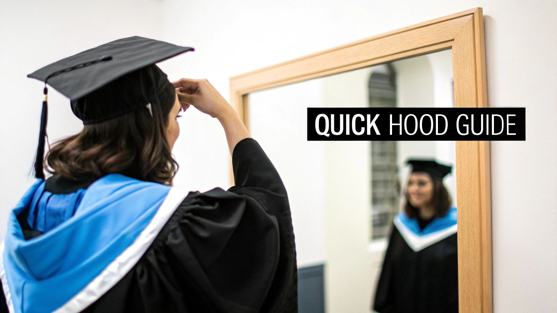 A graduate wearing a cap, gown, and academic hood, smiling.
