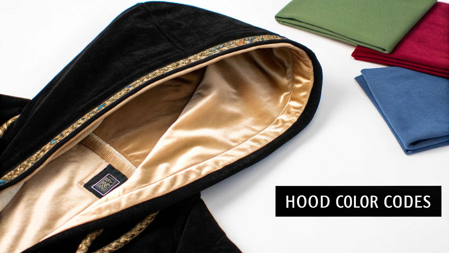 A collection of colorful master's hoods hanging on a rack.