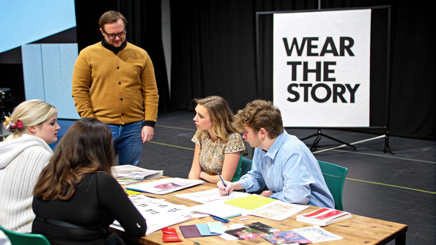 A group of diverse people collaborate at a table with papers, under a 'Wear The Story' banner.