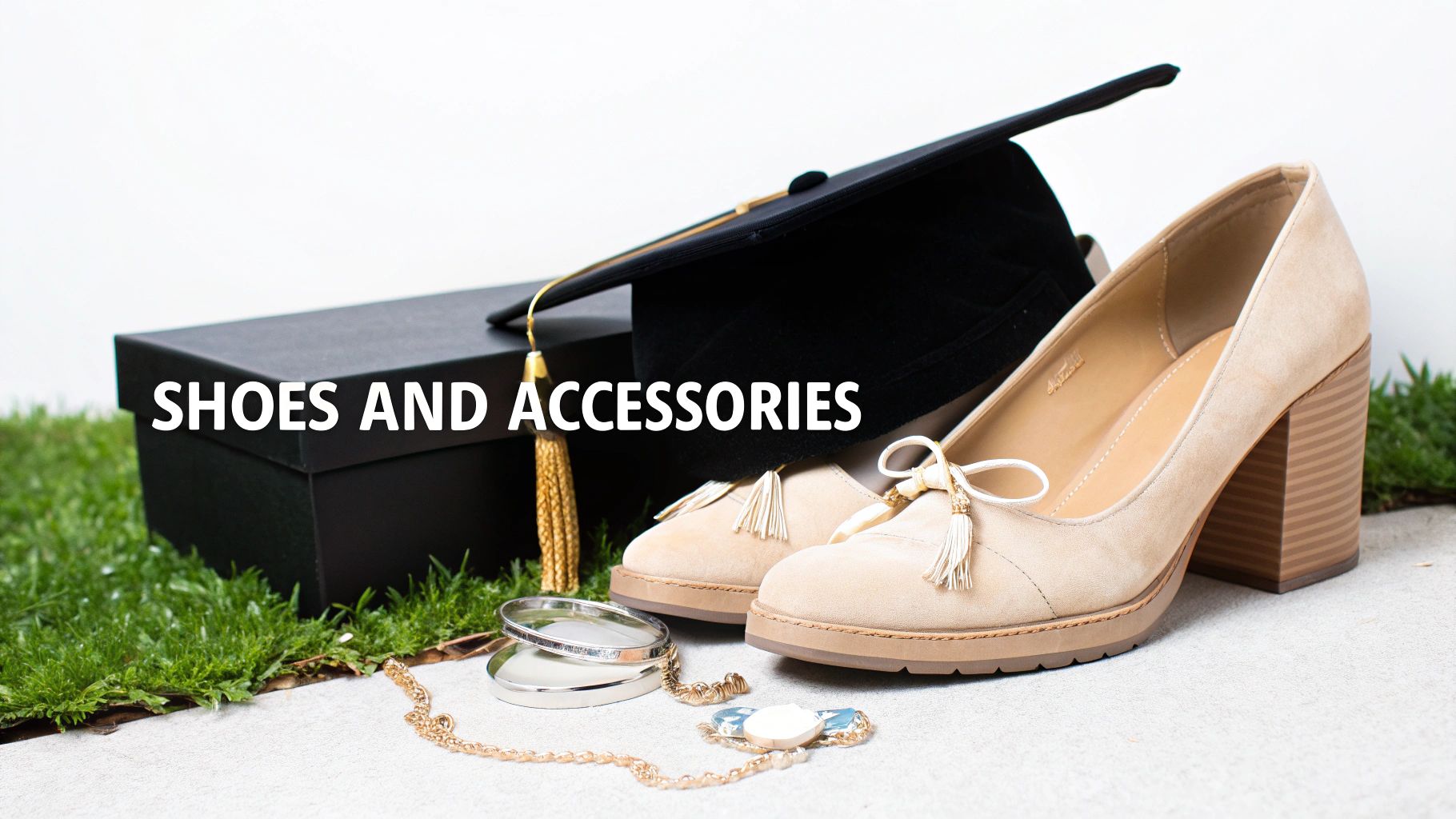 A close-up of stylish yet comfortable graduation shoes and delicate jewelry.