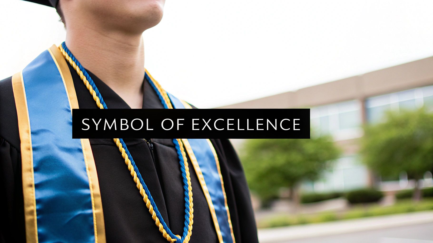 Close-up of a graduate wearing a black gown, blue and gold stole, and honor cords, with text 'SYMBOL OF EXCELLENCE'.