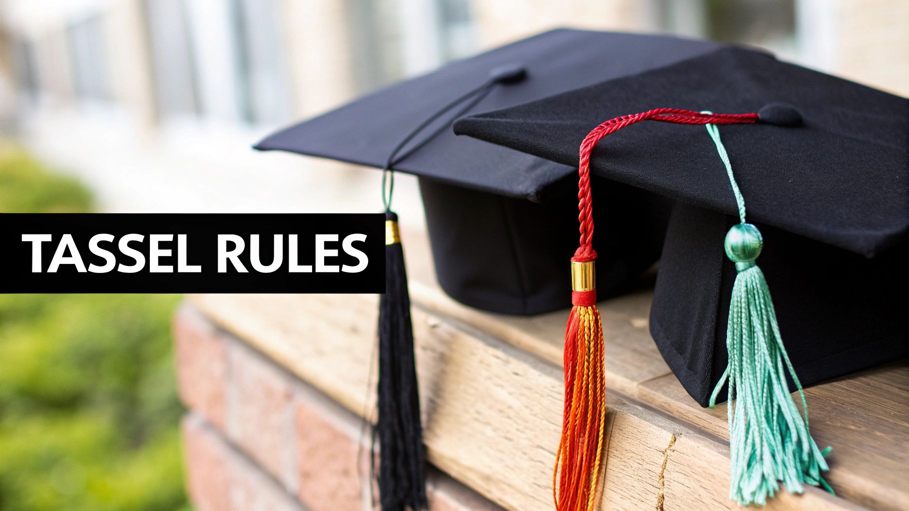Two black graduation caps featuring colorful tassels (black, red, and teal) on a wooden surface.