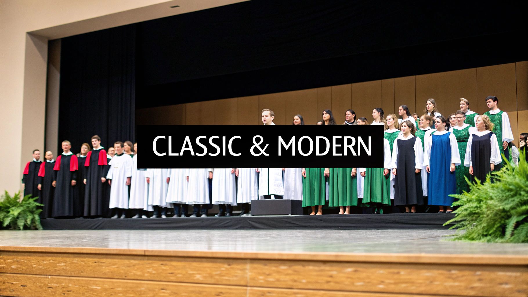 A diverse choir on stage in varying robes, including classic black/red and modern white/green/blue.