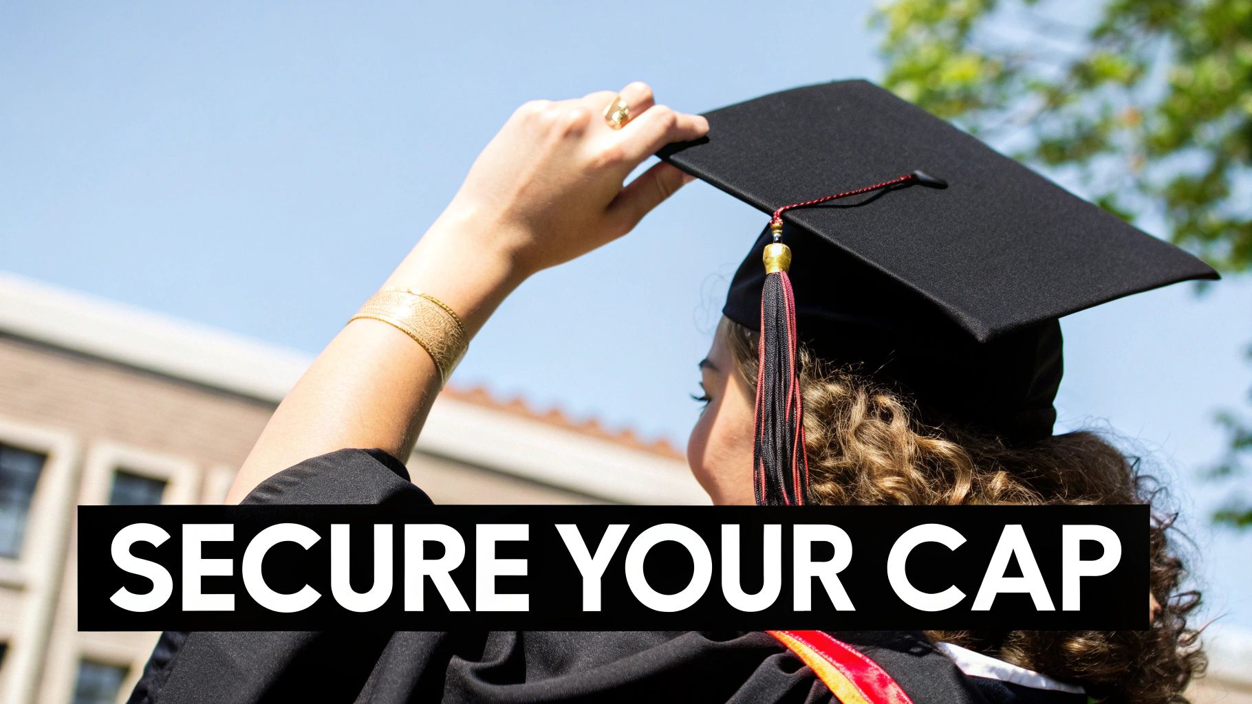 A group of smiling graduates in black caps and gowns, with one graduate adjusting their tassel.