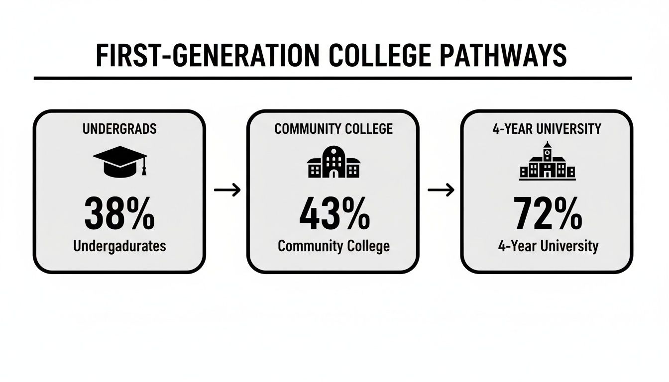 First-generation college pathways diagram illustrating percentages for undergrads, community college, and 4-year university.