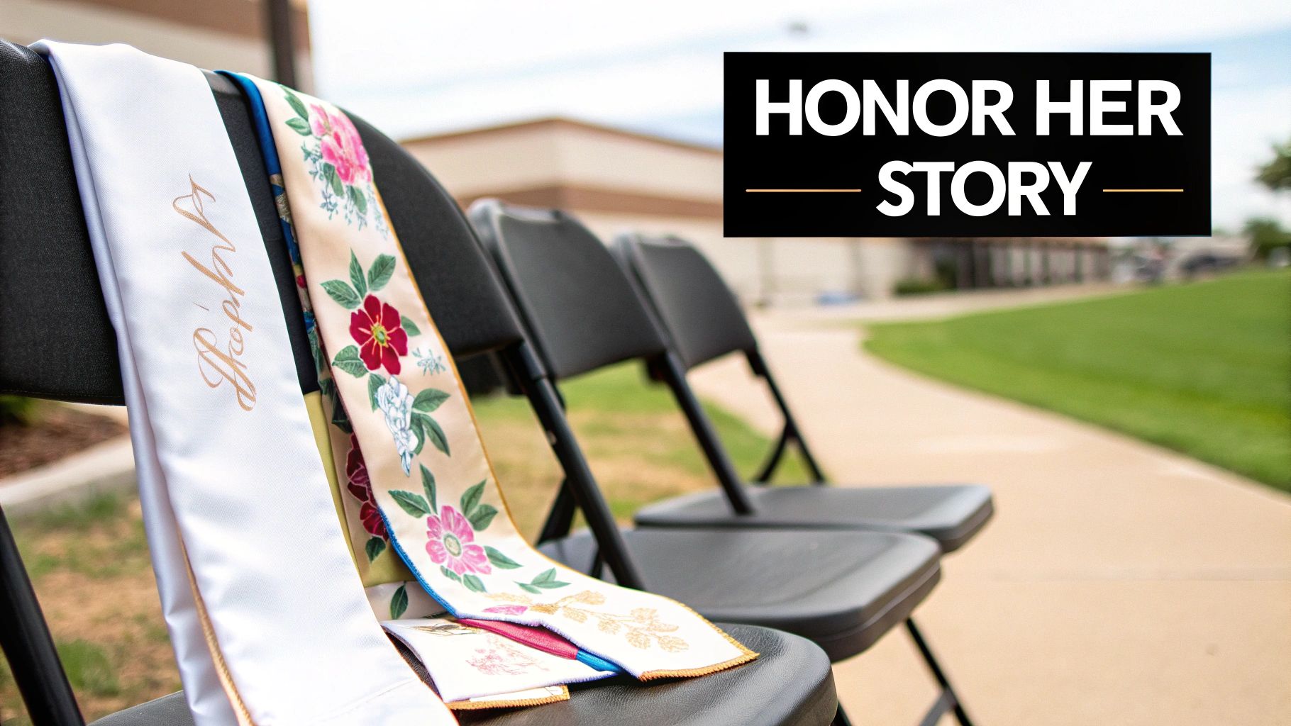 Graduation stoles draped over empty black chairs at an outdoor ceremony with 'HONOR HER STORY' text.