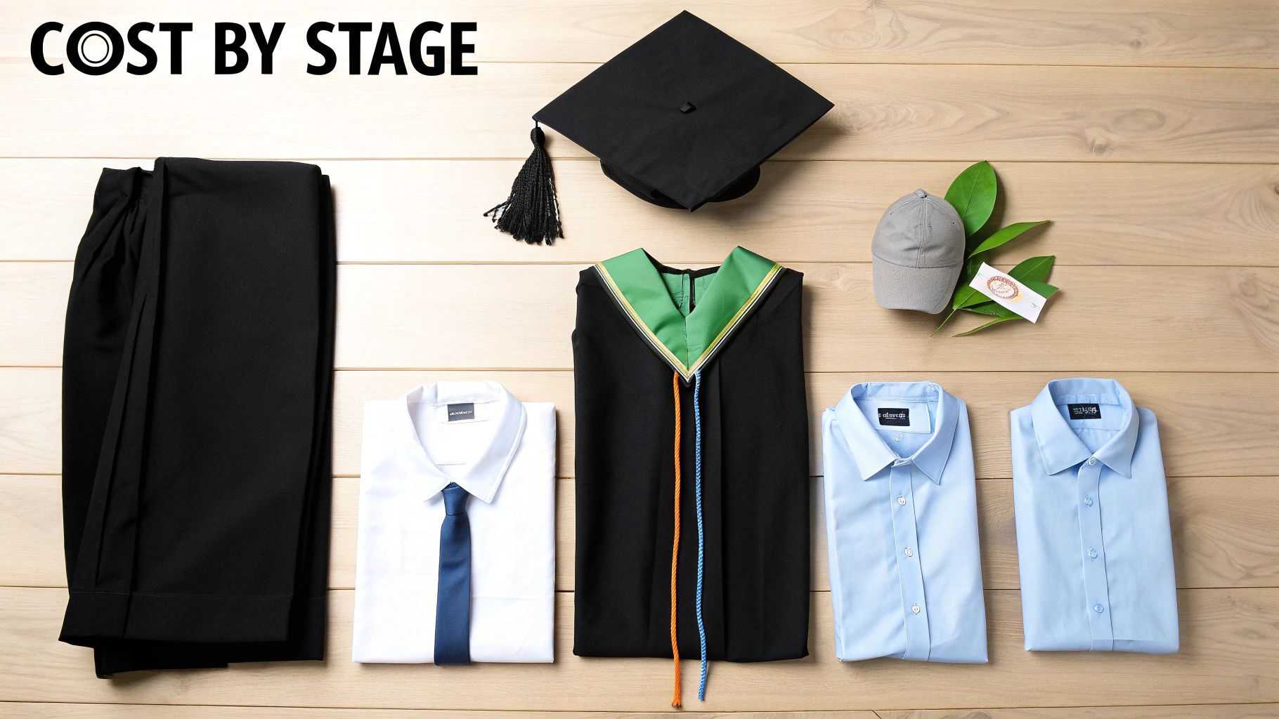 Flat lay of graduation cap, gown, stoles, folded shirts, pants, and tie on a wooden background.