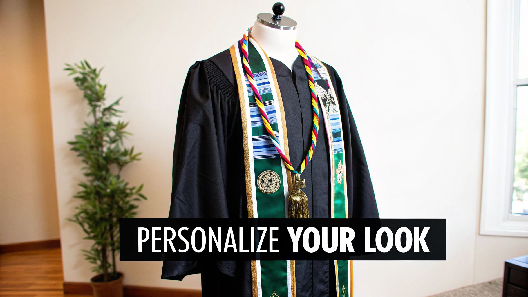 A black graduation gown displayed on a mannequin, adorned with colorful academic stoles and a medallion, with text 'PERSONALIZE YOUR LOOK'.