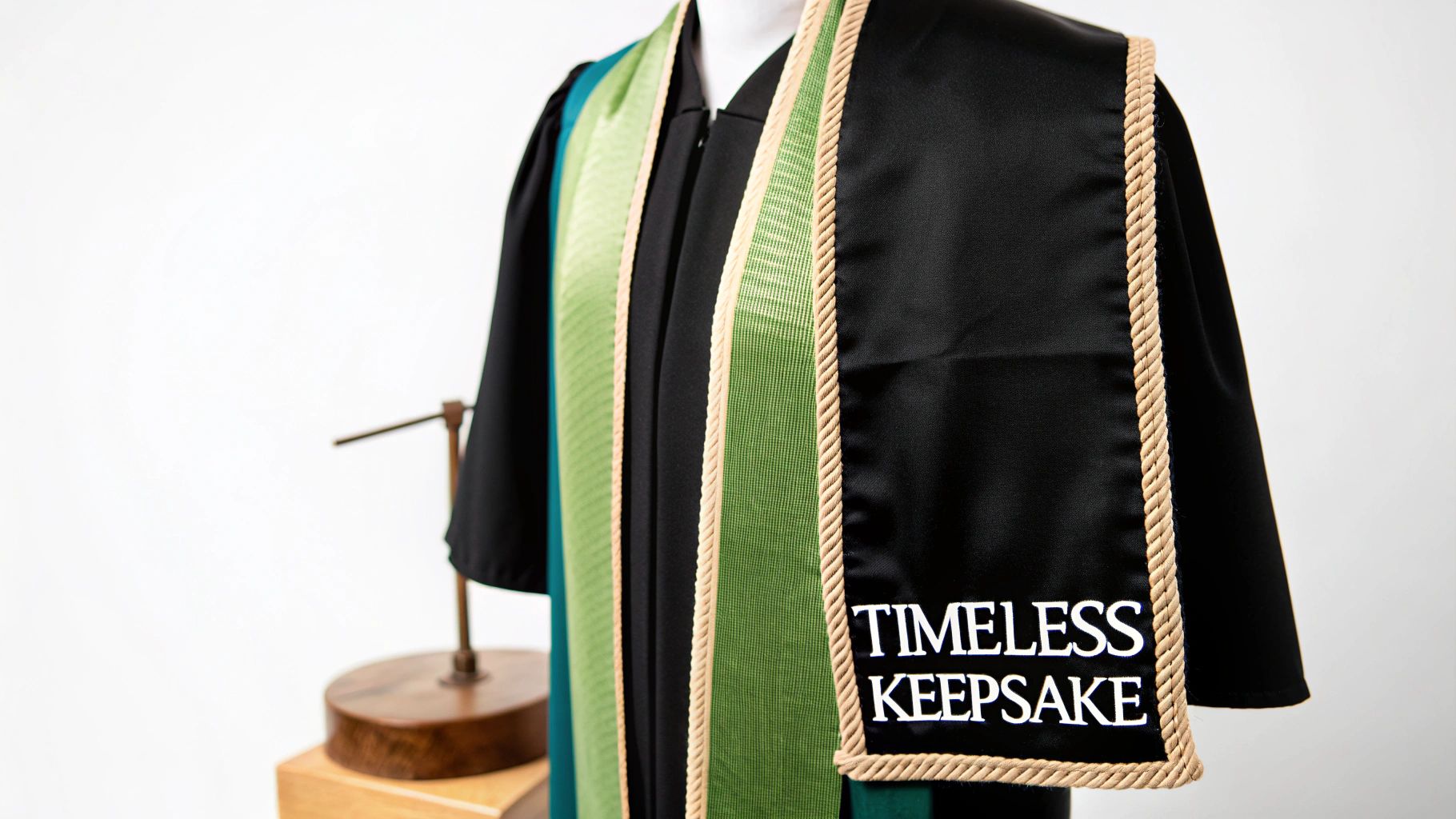 Black graduation gown with green and teal sashes, featuring 'TIMELESS KEEPSAKE' embroidery and rope trim.