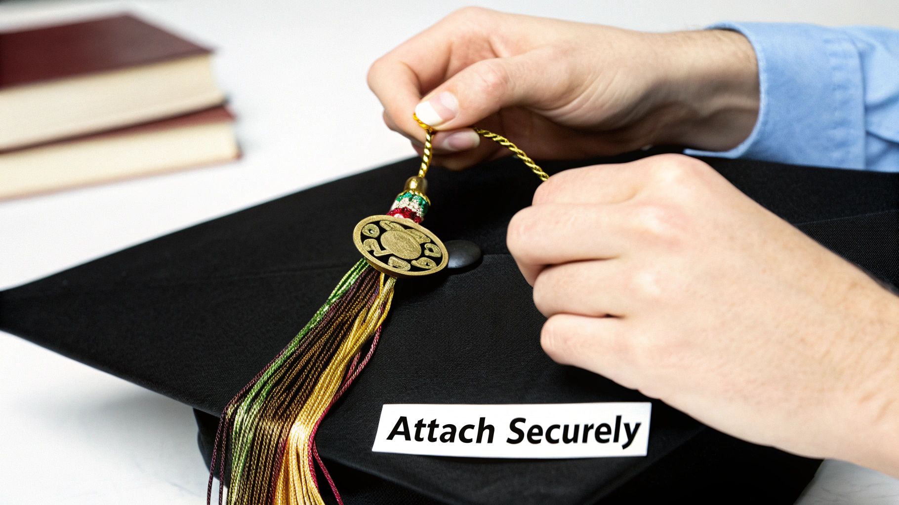 Close-up of hands attaching a colorful tassel with a gold medallion to a black graduation cap. Books are in the background.