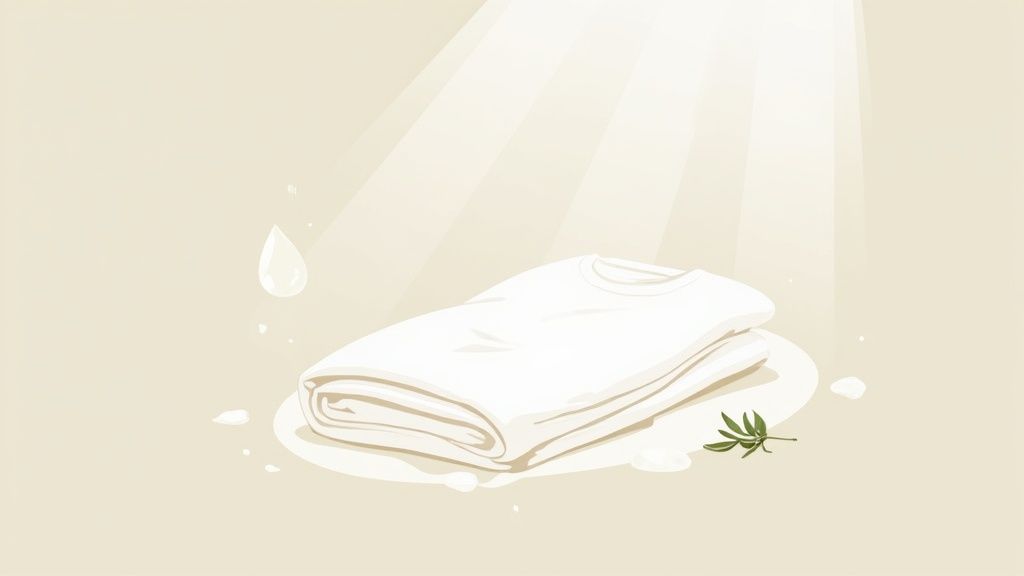 Illustration of clean, folded white laundry with water drops and a green sprig, bathed in light.
