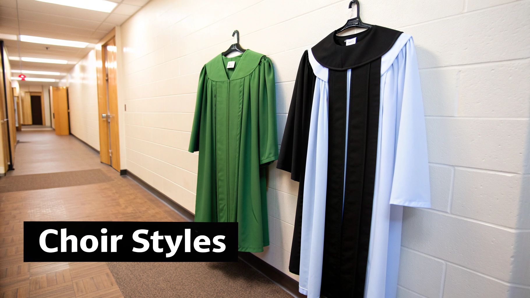 Two choir robes, one green and one black with light blue, hang on a white wall in a hallway.
