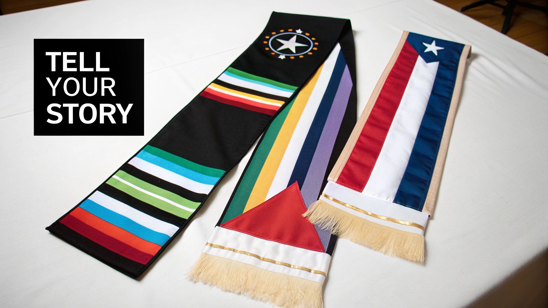 A graduate proudly displays their colorful Hispanic graduation stole over their gown.