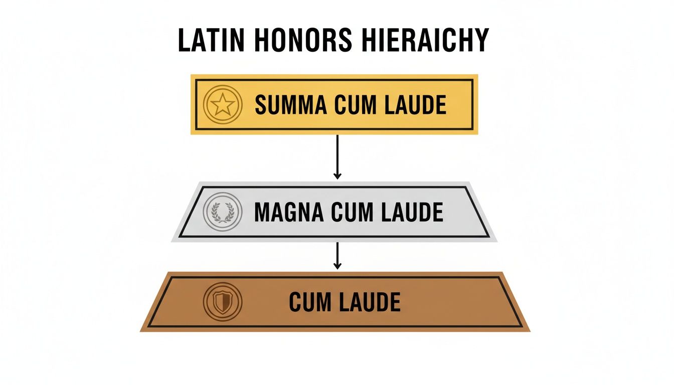 A visual hierarchy displaying Latin honors: Summa Cum Laude, Magna Cum Laude, and Cum Laude.