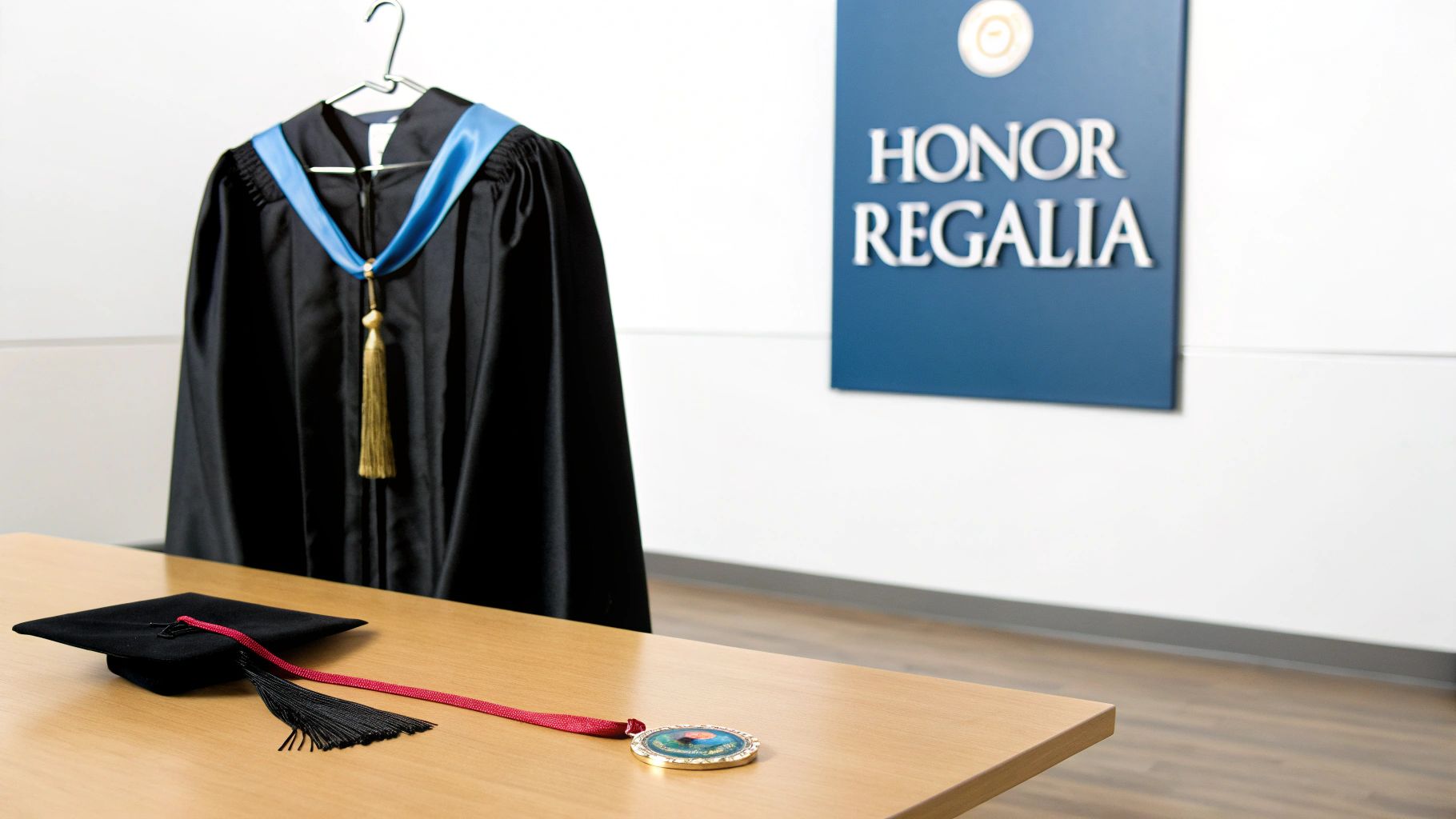 Graduation regalia including a cap, gown, medal, and honor cords, ready for a ceremony.