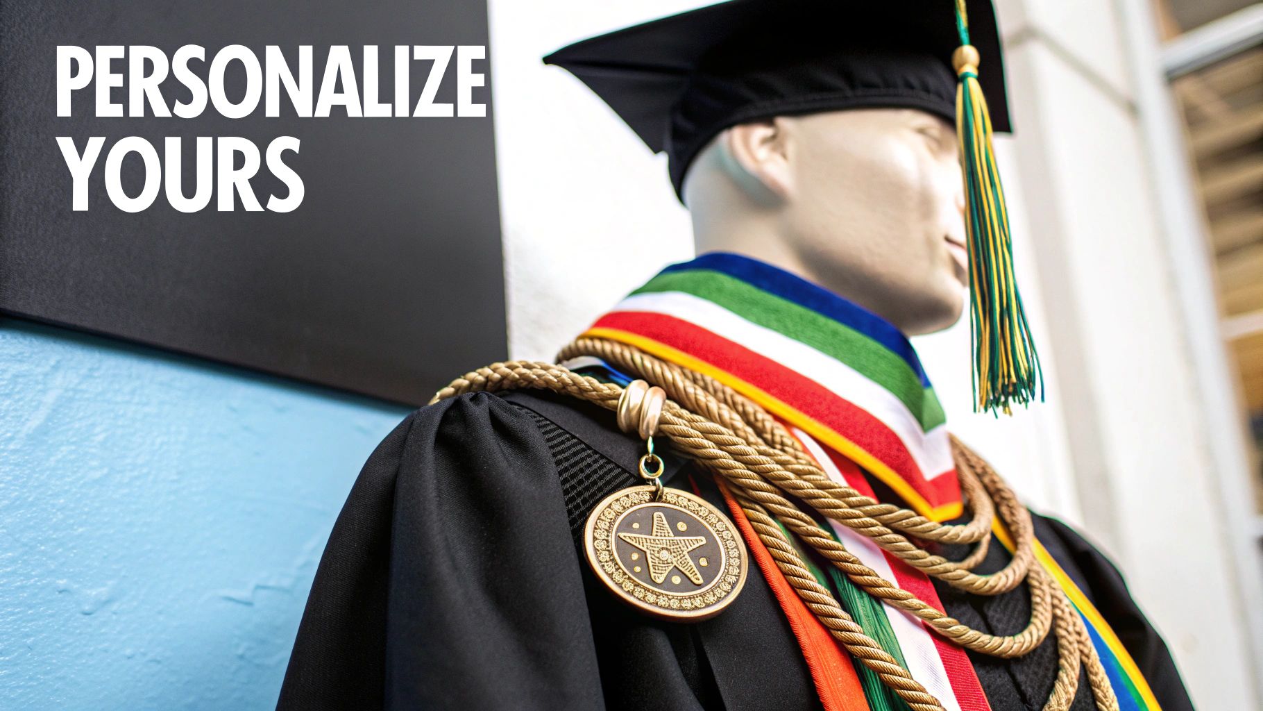 Mannequin showcasing personalized graduation cap and gown with colorful stoles, honor cords, and a medallion.