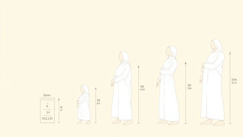 Figures wearing white baptismal robes showcasing a size chart with different heights.