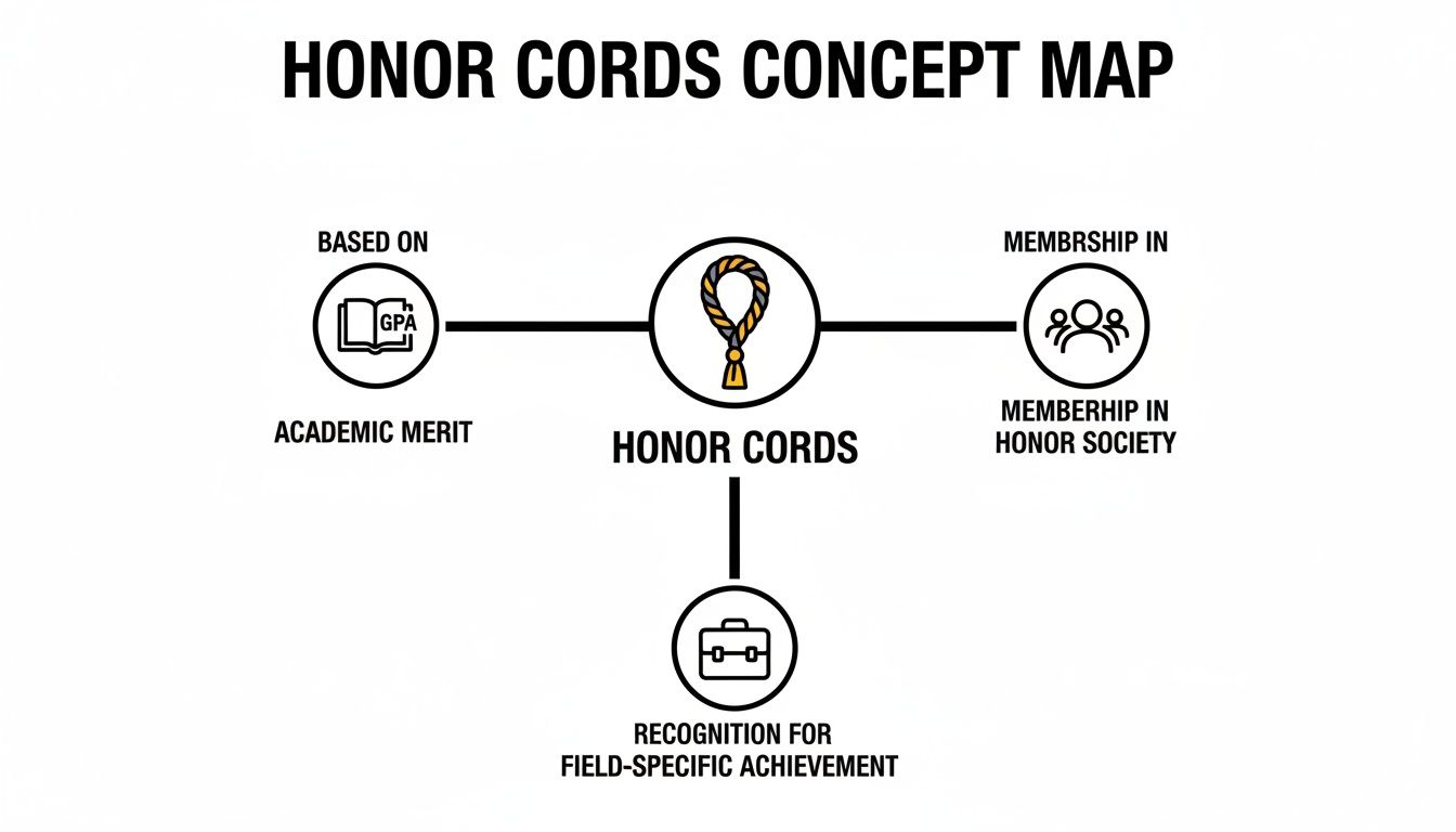 Concept map illustrating the criteria for honor cords: academic merit, honor society membership, and field-specific achievement.