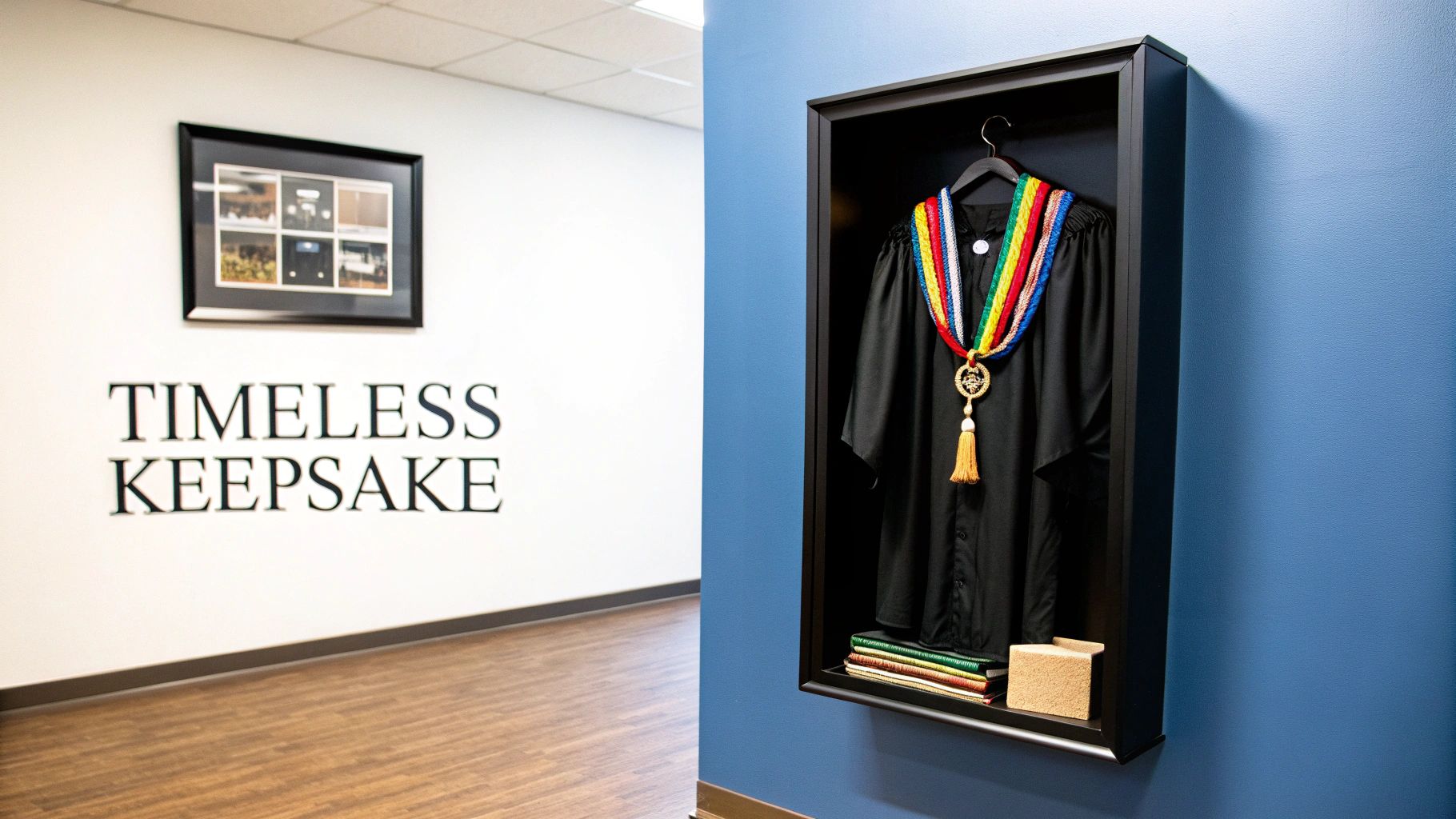 A graduation gown, stole, and honor cords beautifully arranged in a shadow box frame, hanging on a wall.