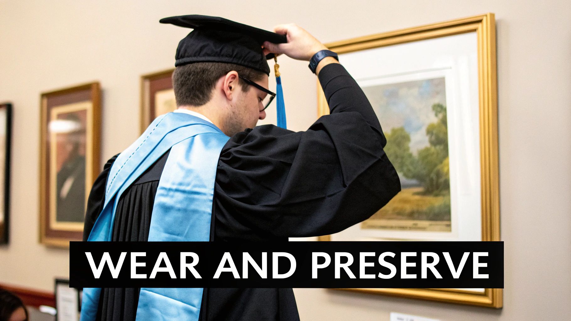 A graduate in a black gown and blue stole adjusts their cap and tassel from the back.