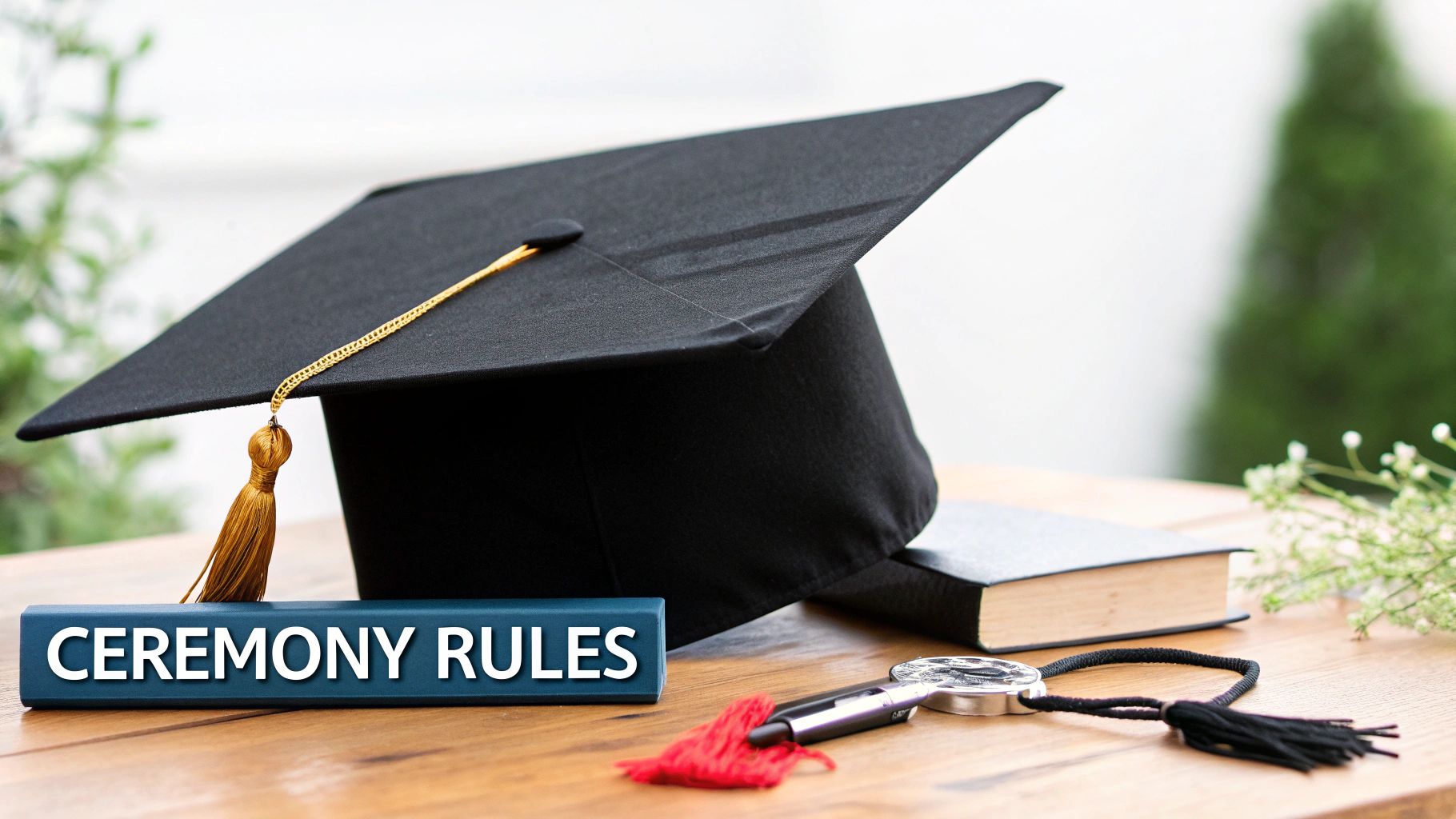 A graduation cap with a gold tassel and a 'CEREMONY RULES' sign on a wooden table.