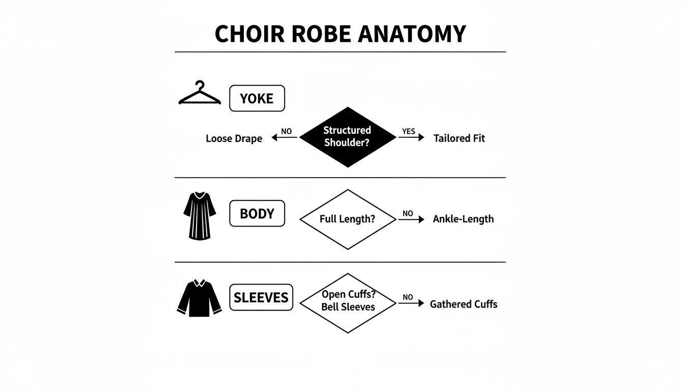 Flowchart illustrating choir robe anatomy, detailing yoke, body, and sleeve variations for tailored or loose fits.