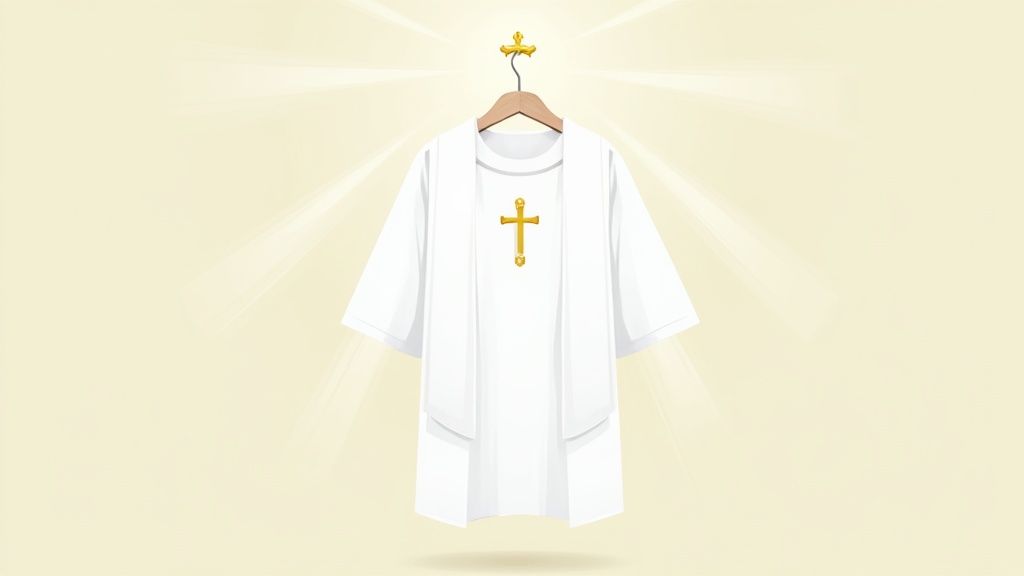 A white baptismal robe with a golden cross, hanging on a hanger with a cross-shaped hook, bathed in divine light.