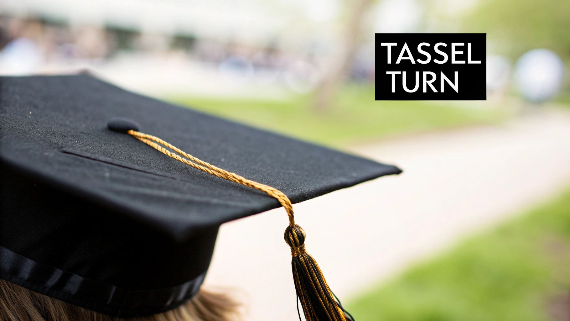 A close-up of a black graduation cap with a gold and black tassel, outdoors on campus.