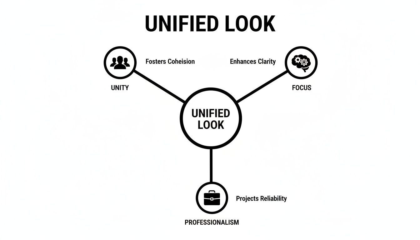 Infographic illustrating the advantages of a unified look: fostering cohesion, enhancing clarity, and projecting reliability.