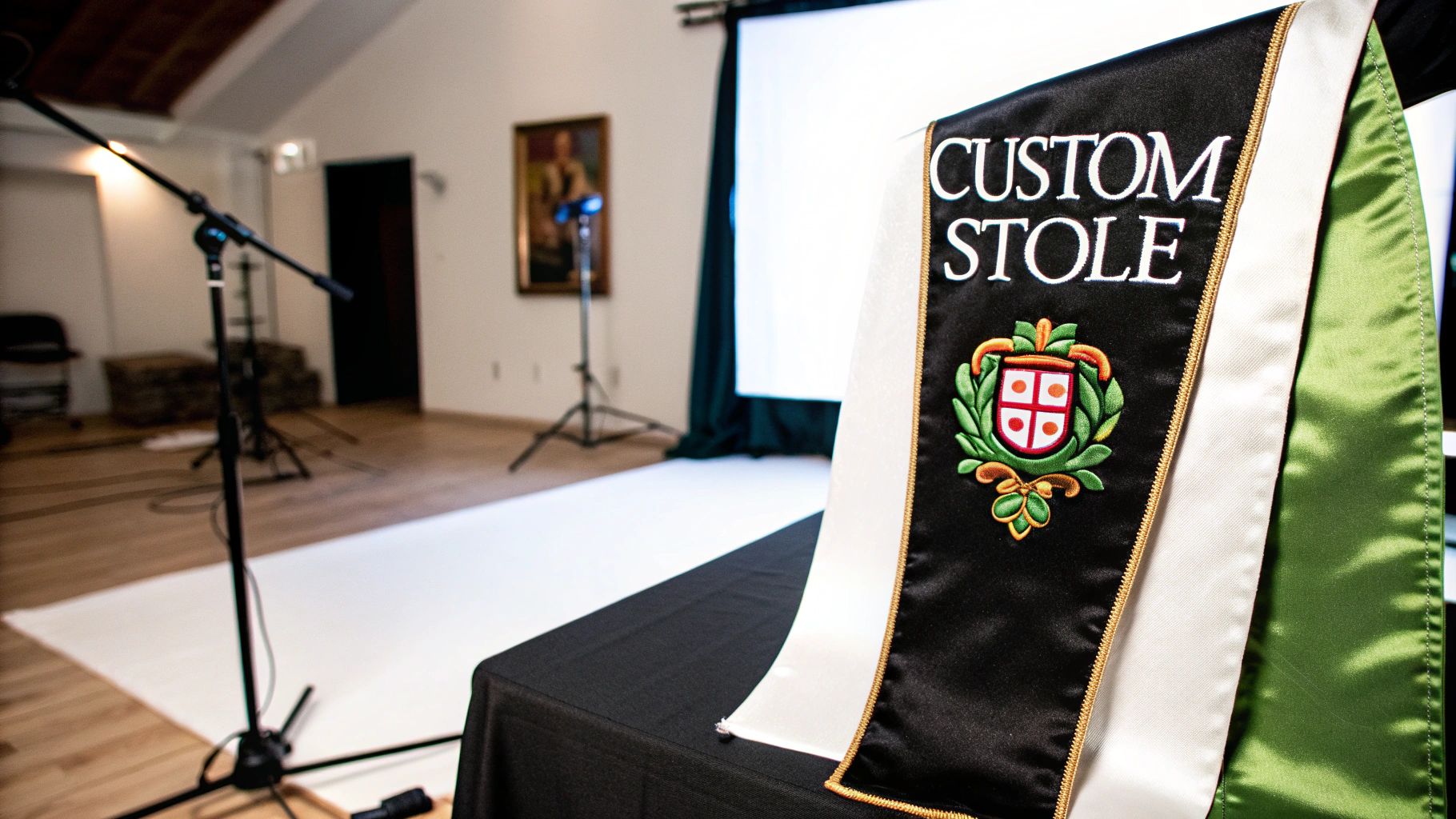 A black, white, and green custom graduation stole with an embroidered emblem, displayed in a studio setting.