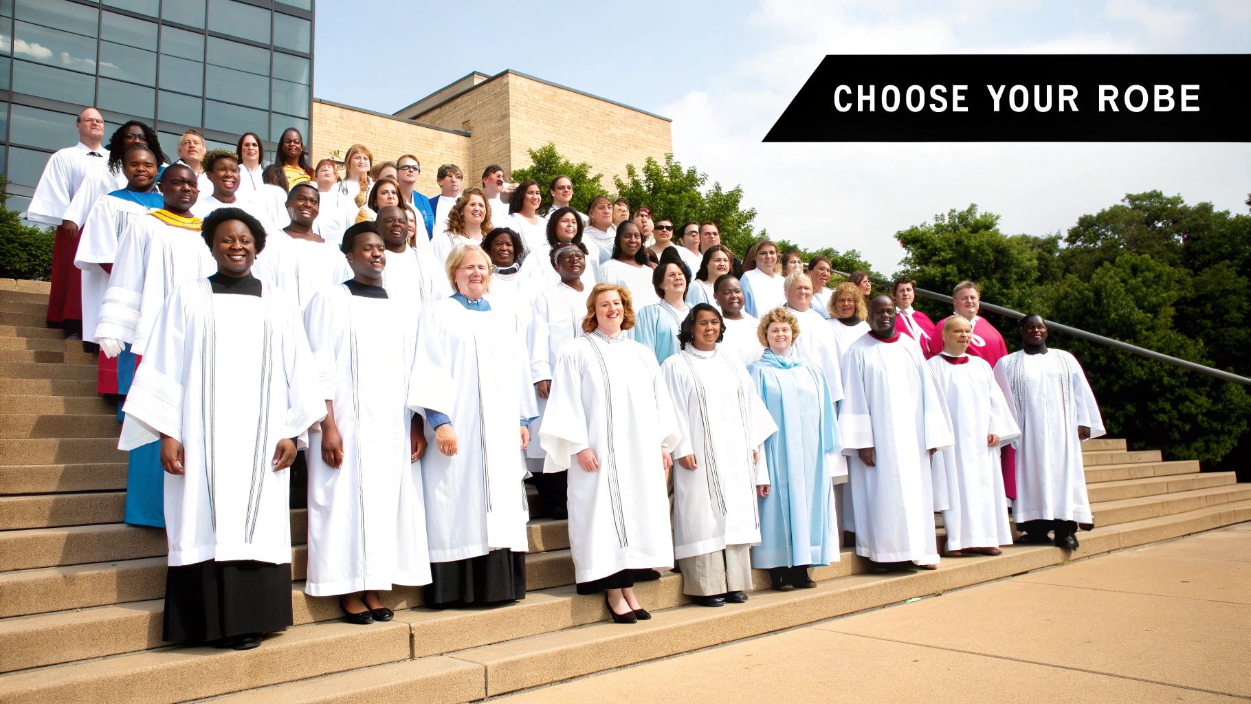 Diverse group of adults wearing white choir robes standing on stone steps outdoors.