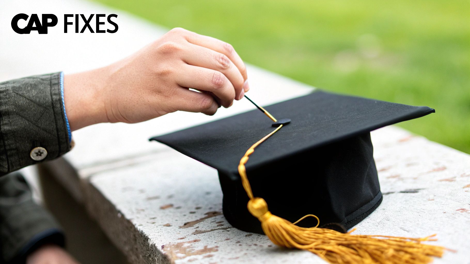 Close-up of a hand adjusting the golden tassel on a black graduation cap.