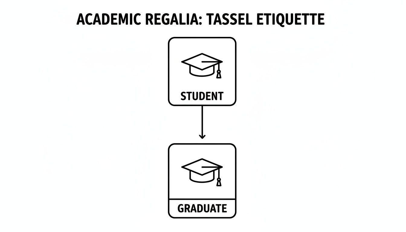 Illustration of graduation cap tassel etiquette, moving from student (right) to graduate (left).