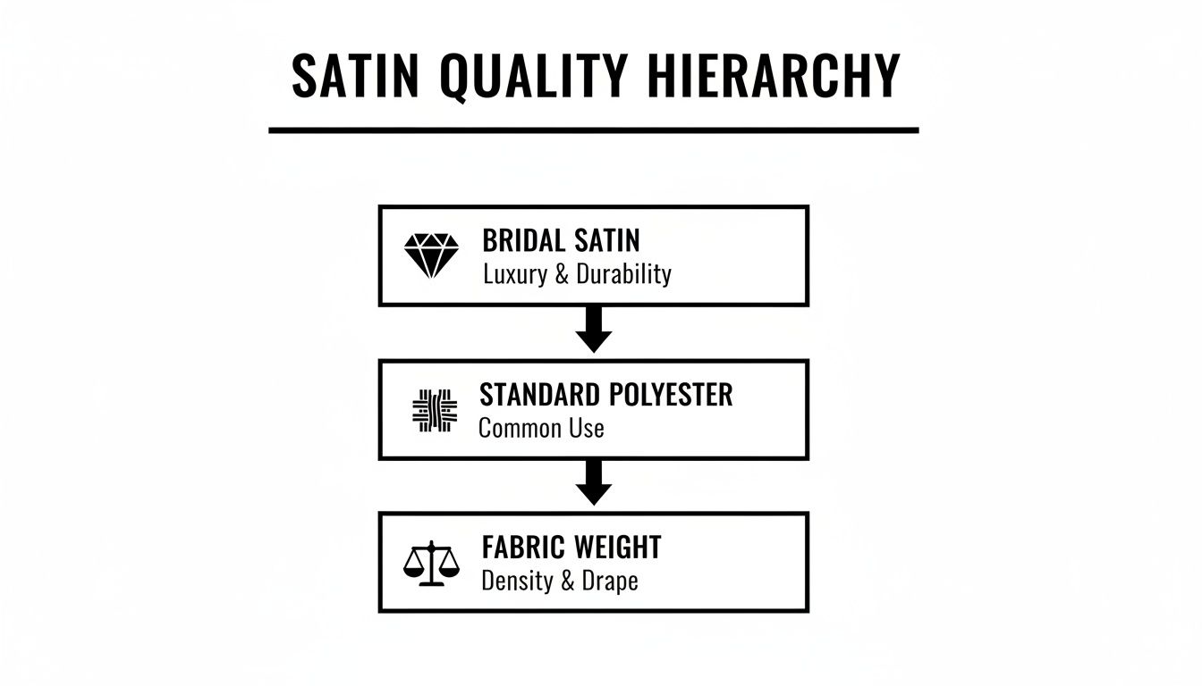 Hierarchy chart illustrating satin fabric quality, including bridal satin, standard polyester, and fabric weight factors.