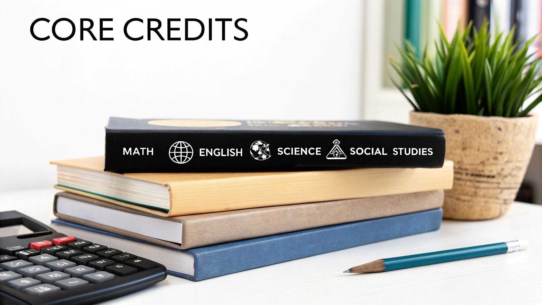A stack of school books labeled Math, English, Science, Social Studies, with "CORE CREDITS" above.
