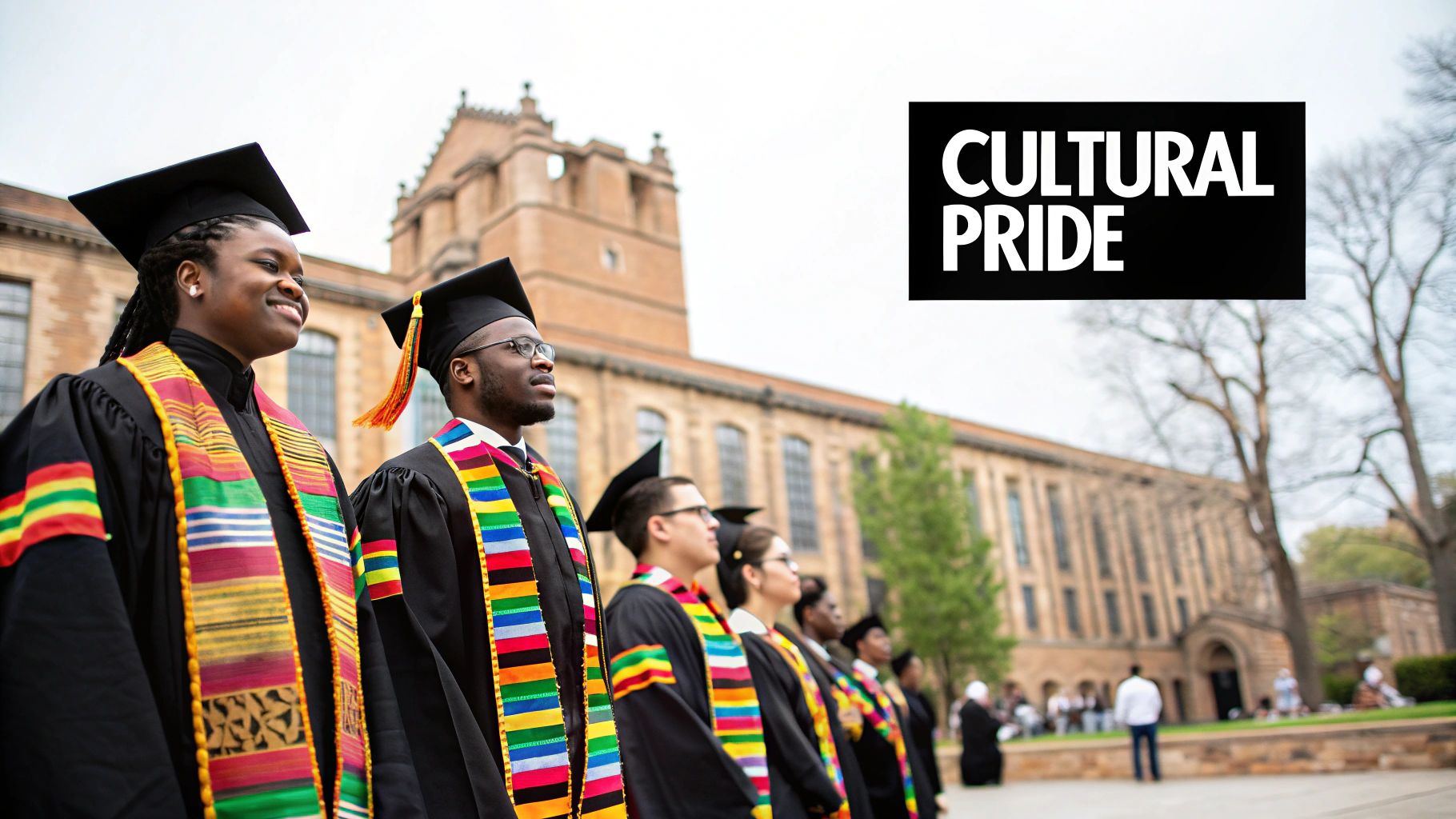 Graduates smiling and wearing colorful cultural stoles.