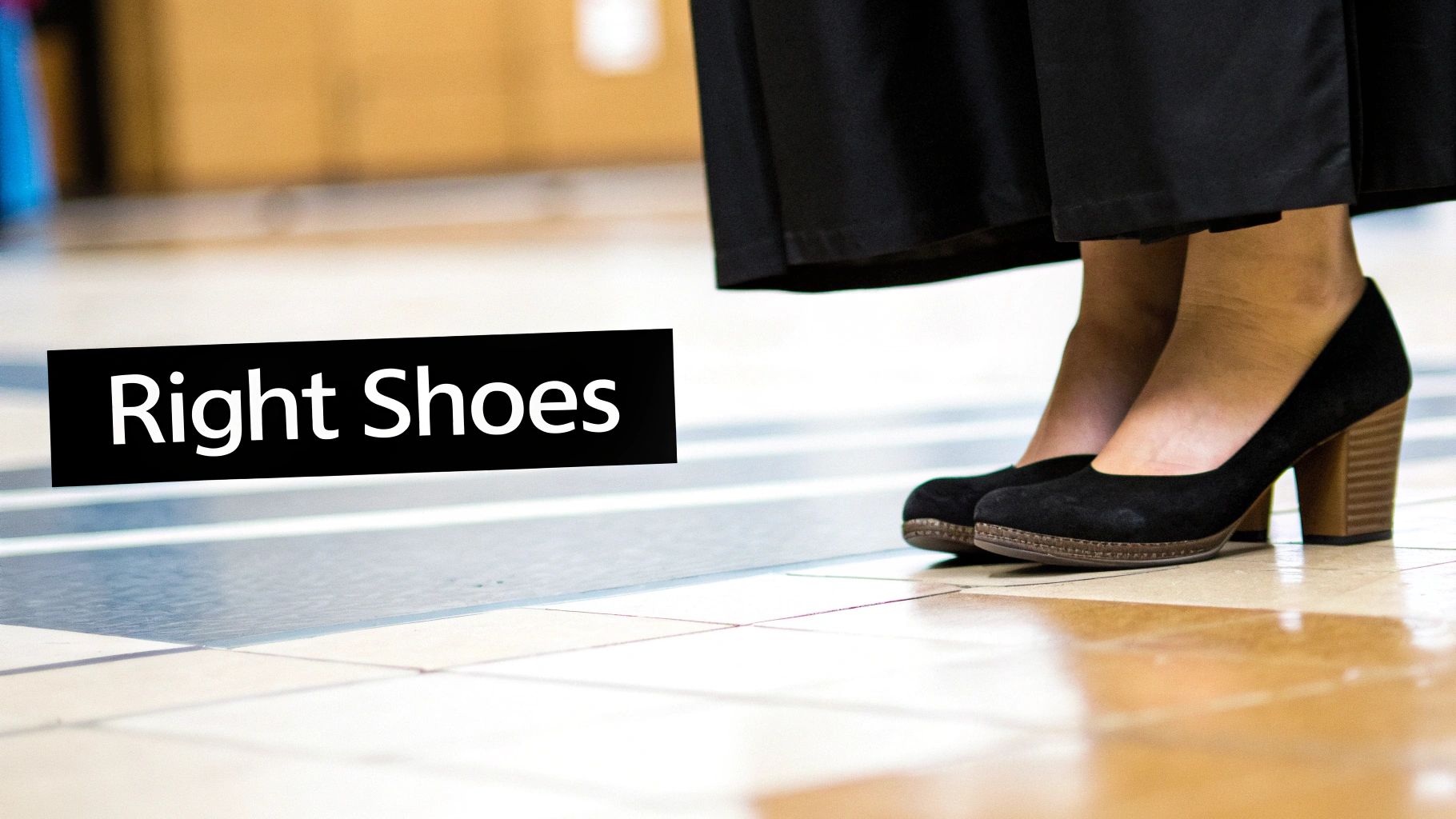 Professional woman wearing black pants and black suede heels with wooden block heels standing on tiled floor