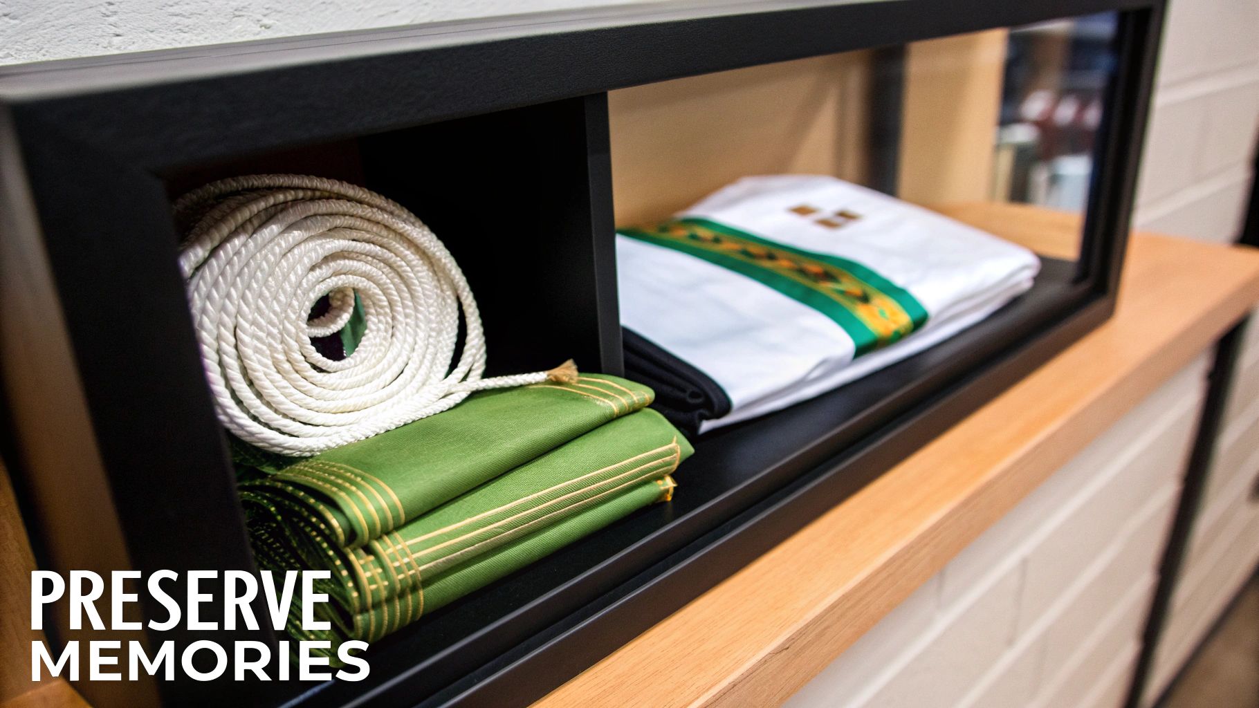 A black display case showcasing a coiled white rope, folded green fabric, and a white garment.
