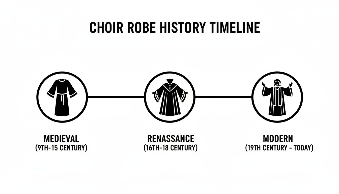 A timeline graphic depicting the historical evolution of choir robes from Medieval to Modern styles.