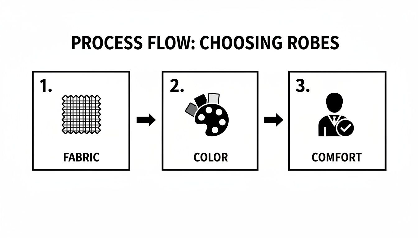 A process flow diagram illustrating three steps for choosing robes: fabric, color, and comfort.