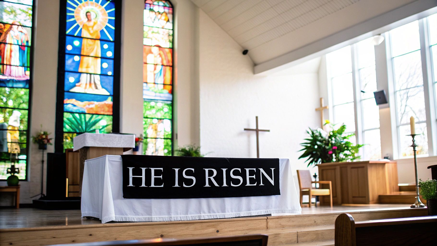 An Easter banner with 'HE IS RISEN' displayed on an altar in a bright church interior.