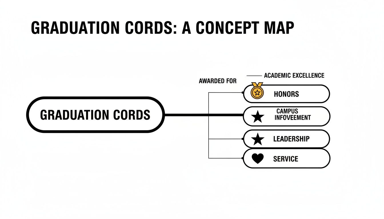 A concept map illustrating graduation cords awarded for academic excellence, honors, campus improvement, leadership, and service.