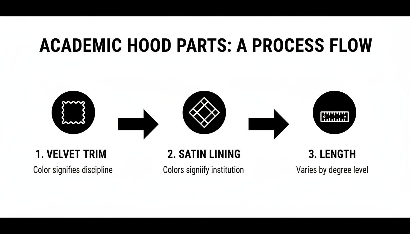 A process flow diagram illustrating the three main parts of an academic hood: velvet trim, satin lining, and length.