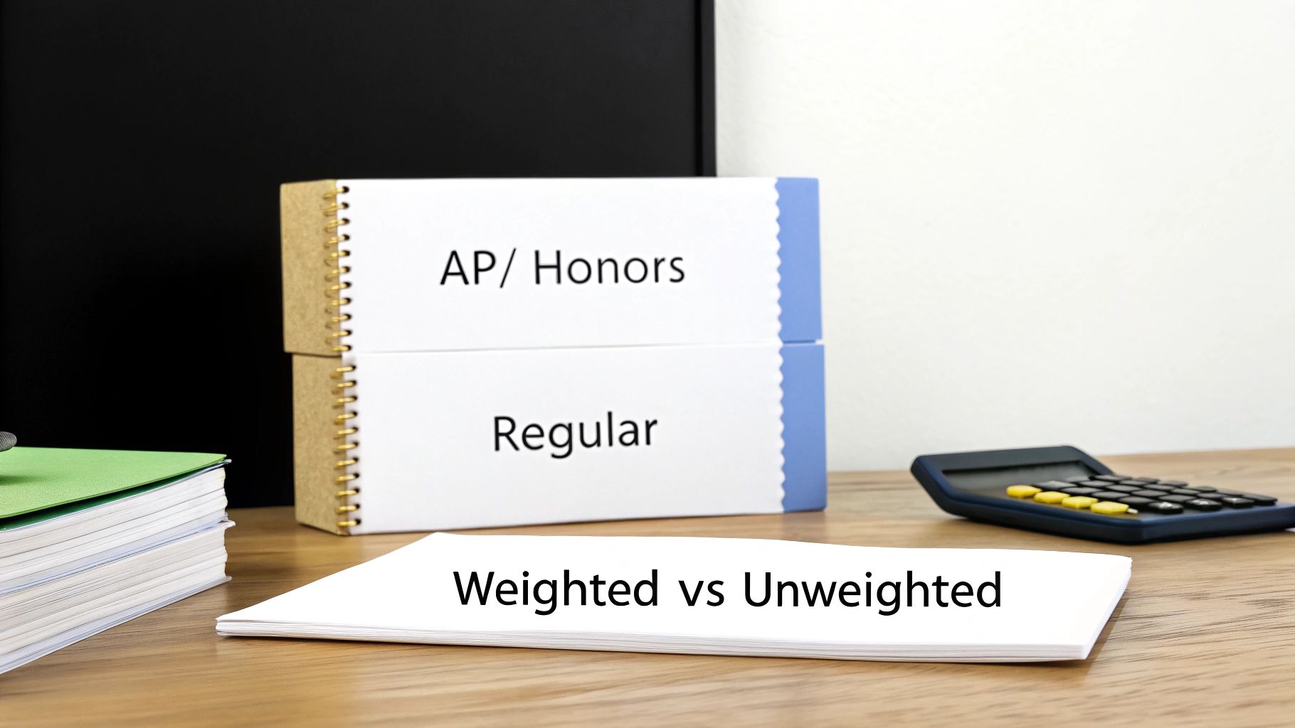 A desk with notebooks illustrating AP/Honors vs Regular courses and Weighted vs Unweighted GPA concepts.