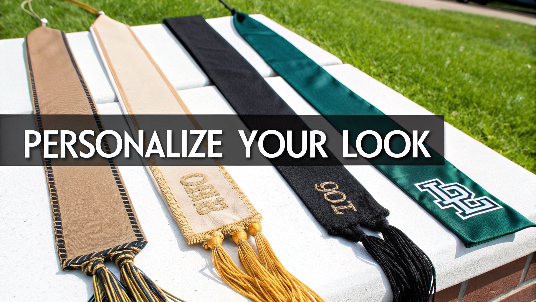 Four personalized graduation stoles in various colors with embroidery, laid on a white wall outdoors.
