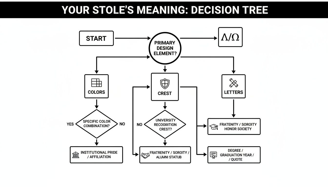 Decision tree flowchart explaining the meaning of a stole's primary design elements like colors, crests, and letters for graduation.