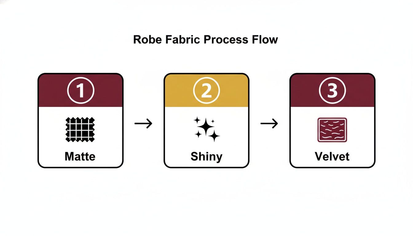 Robe fabric process flow diagram detailing matte, shiny, and velvet textures with numbered steps.