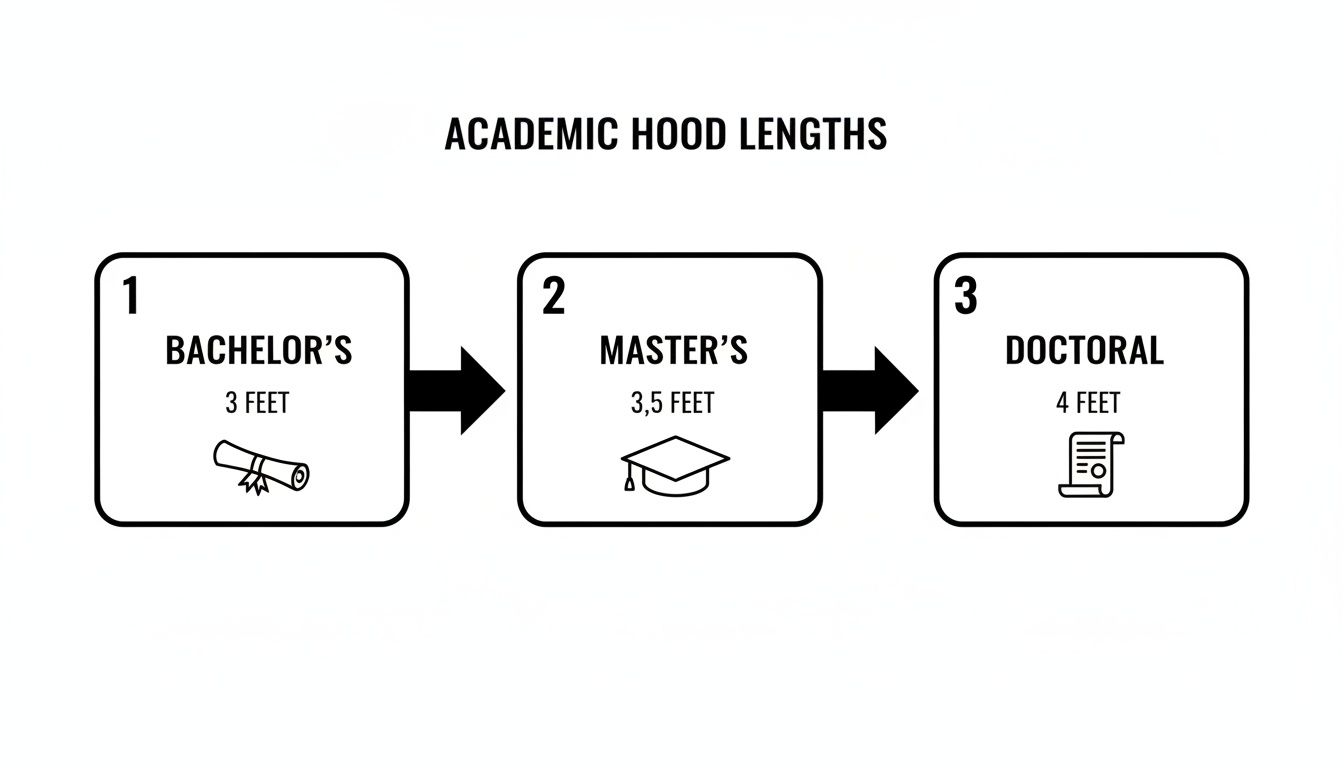 Flowchart illustrating academic hood lengths for Bachelor's (3 feet), Master's (3.5 feet), and Doctoral (4 feet) degrees.
