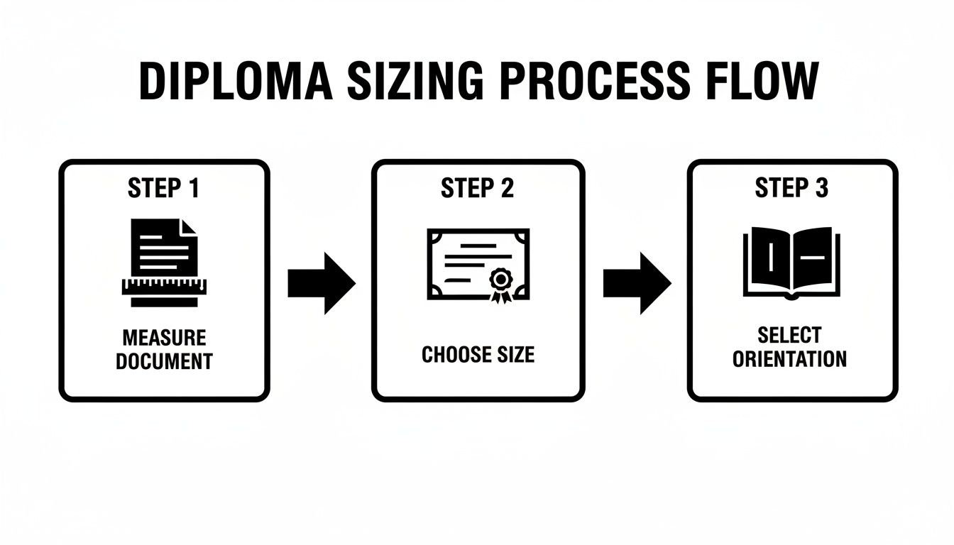 A three-step process flow showing how to size a diploma: measure, choose size, and select orientation.