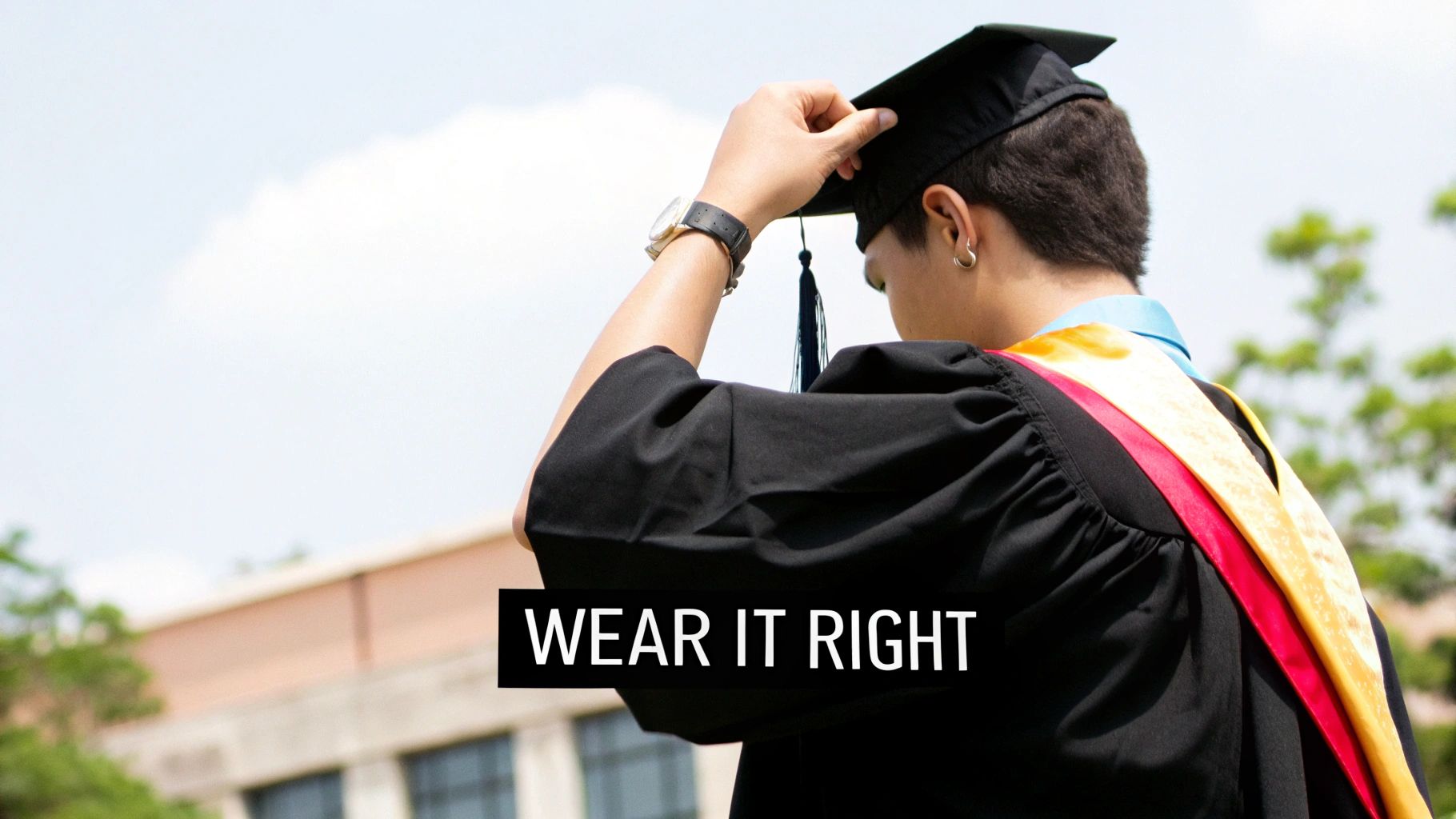A person in a black graduation gown and cap, with a red and yellow stole, adjusting their cap outdoors.